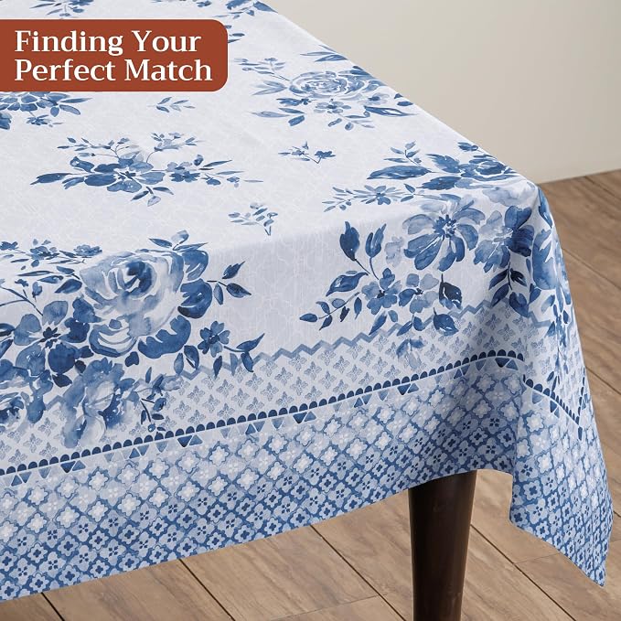Maison d' Hermine Table Cloth Rectangle Table 100% Cotton 70 x 120 Inches Tablecloth Reusable Decorative for Dining Kitchen Room Farmhouse Party Home Hotel Restaurant Spring Summer- Rose Garden - Blue