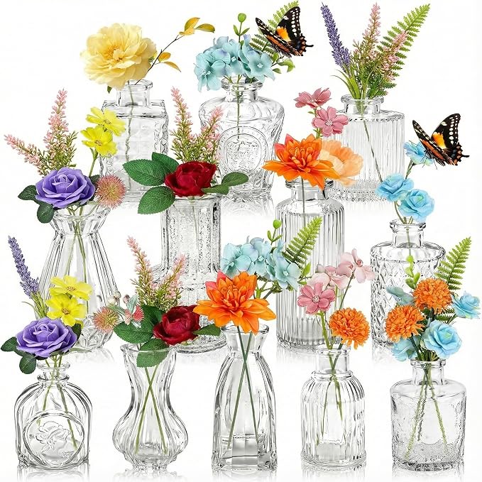 36 Pcs Artificial Flowers Table Centerpiece with Vases Colorful Wildflower Centerpieces Silk Flower Arrangement for Wedding Baby Shower Table Centerpieces Party(Fresh Charm,Clear)