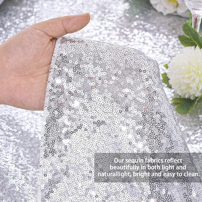 MoKoHouse Silver Tablecloth Rectangle 60" x 102" Glitter Table Cloth Sequin Fabric for Halloween Party Wedding Ceremony Cake Dessert Table Decorations