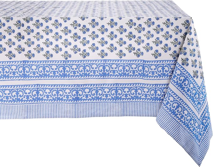 ATOSII Gulbahar Blue 100% Cotton Fall Rectangle Tablecloth, Handblock Print Floral Table Cloth for Kitchen Dining Linen I Thanksgiving Christmas Weddings Outdoors I 72 X 140 Inches I 12 Seater