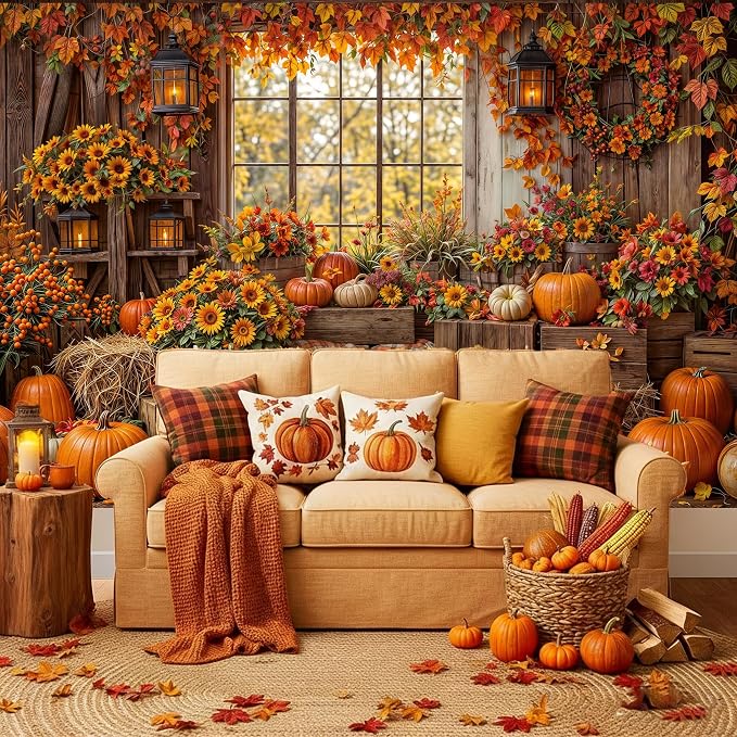 8 x 6 ft Fall Backdrop Autumn Rustic Wooden Floor Barn Window Pumpkin Maple Leaves Sunflower Background Thanksgiving Farm Harvest Photoshoot Portrait Photo Backdrops Decorations