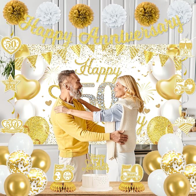 Vlipoeasn 50th Anniversary Decorations for Couple, White Gold Cheers to 50 Years Wedding Party Supplies, 50th Anniversary Backdrop Glitter Gold Banner, Cake Topper, Honeycomb, Hanging Swirl for Party
