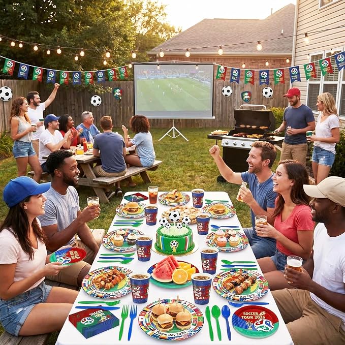 168 PCS 2026 Soccer Themed Party Supplies, Disposable Tableware Set Serves 24, International Flag Plates Cups Napkins Cutlery for Game Day Celebrations