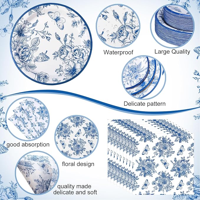 Funnymoom 400 Pcs Blue Floral Party Supplies for 50 Guests Blue Flower Disposable Plates Napkins Cups Spoons Forks Knives for Wedding Garden Tea Party Bridal Shower Baby Shower