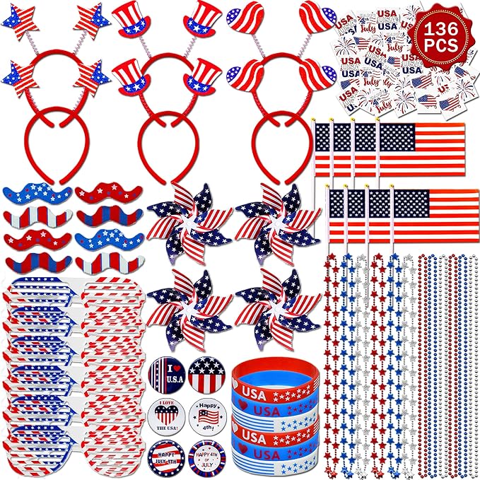 DysanVica 136PCS 4th of July Accessories - Patriotic Party Favors Fourth of July Decoration Supplies Headband Shutter Glasses Tattoo Sticker Necklace Flag American Memorial Independence Day USA Themed