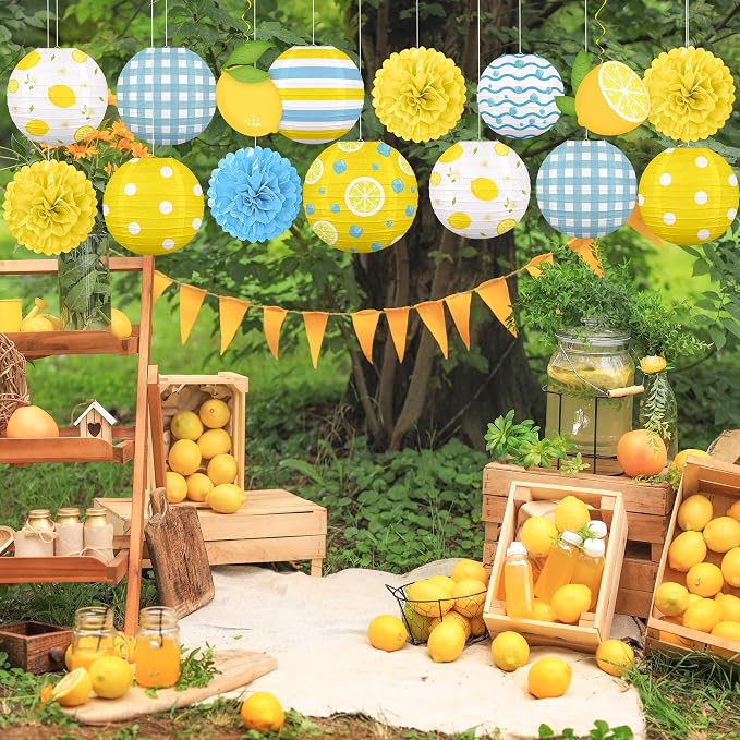 Renbuzhu 15PCS Summer Lemon Party Decorations Paper Lanterns Pom Poms Hanging Swirls Yellow Blue Theme Lemonade Stand Italian Decor for Birthday Home Backyard Indoor Outdoor