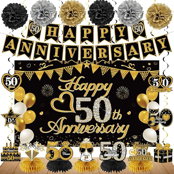 Turypaty Happy 50th Anniversary Decorations Kit, Black Gold 50th Wedding Anniversary Party Supplies - Large Happy Banner Backdrop, Table Centerpieces, Hanging Swirls, Paper Pompoms