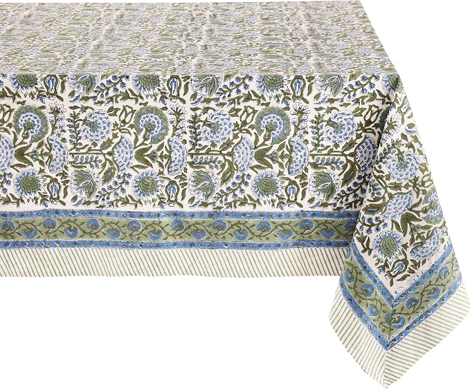 ATOSII Clover Blue 100% Cotton Rectangle Spring Tablecloth, Handblock Floral Linen Table Cloth for Kitchen Dining Table I Parties Weddings Outdoors Easter Home Decor 72 X 120 Inches I 10 Seater