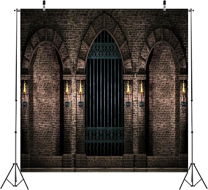BELECO 10x10ft Fabric Gothic Castle Photography Backdrop Ancient Stone Wall Arches Iron Gates Torches Prison Corridor Halloween Night Background Medieval Castle Birthday Party Decorations Photo Props