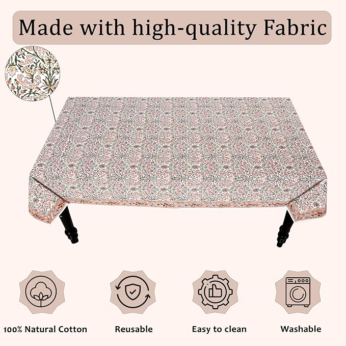 Ridhi Sassy Salmon and Emerald Green Hand Block Print Cotton Rectangle Tablecloth 108" x 70" inches Reusable Table Cover Decorative Everyday Use for Dining Room, Farmhouse, Gift Spring, Mother's Day