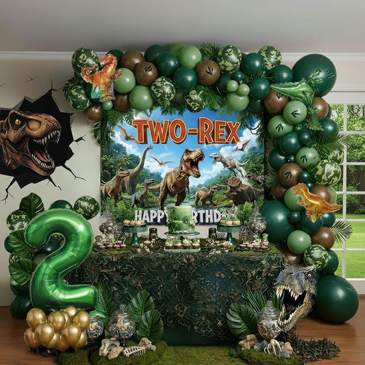 Two-Rex 2nd Birthday Party Decorations for Boys, Dinosaur Jungle Safari Theme - Hunter Green Brown Gold Balloon Arch, T-Rex Banner Backdrop & Footprint Stickers, Dino Party Supplies