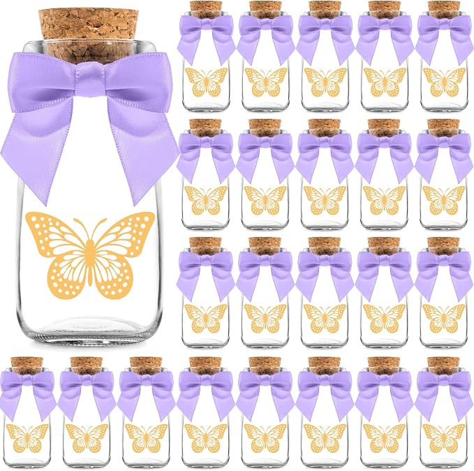 Ethisa Small 24 Pack Butterfly Party Favor Glass Bottles with Ribbons and Stickers - Vintage Baby Shower and Birthday Favors for Guests and Table Centerpieces Decorations - Purple Theme Candy Jar