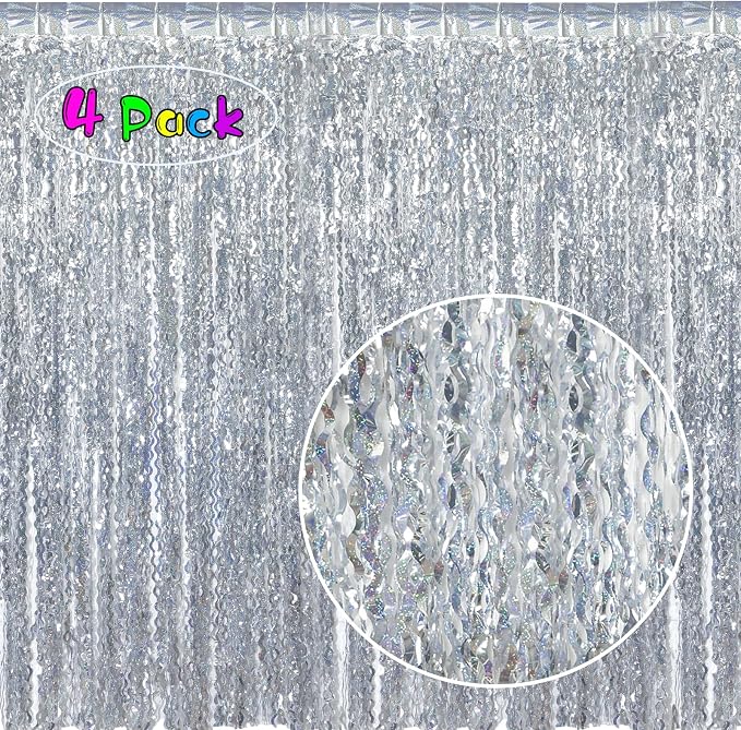 4 Pack 3.3 ft x 6.6 ft Silver Metallic Tinsel Foil Fringe Curtains - Door Streamers for Photo Booth Christmas Day Thanksgiving Wedding New Year Party Decorations