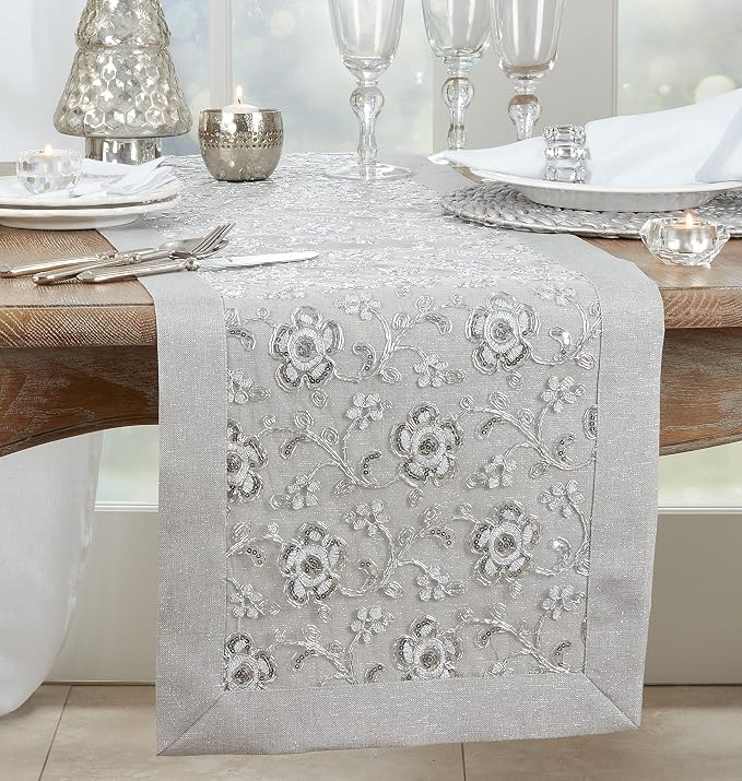 SARO LIFESTYLE Floral Embroidered Table Runner, Silver, 16"x120"