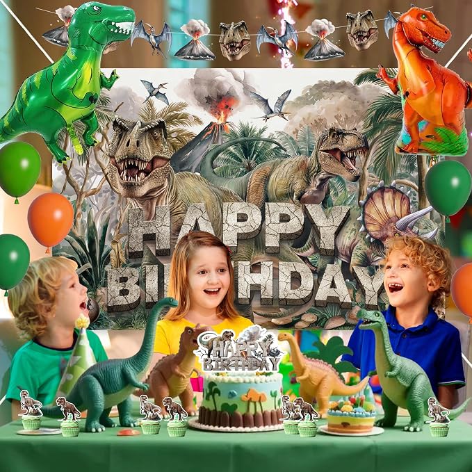 Dinosaur Birthday Party Decorations Set, 59x39in Jungle Prehistoric Photography Backdrop, T-Rex Foil Balloons, Latex Balloons, Tablecloth, Cake Toppers, Dino Roar Theme Supplies for Boys Kids