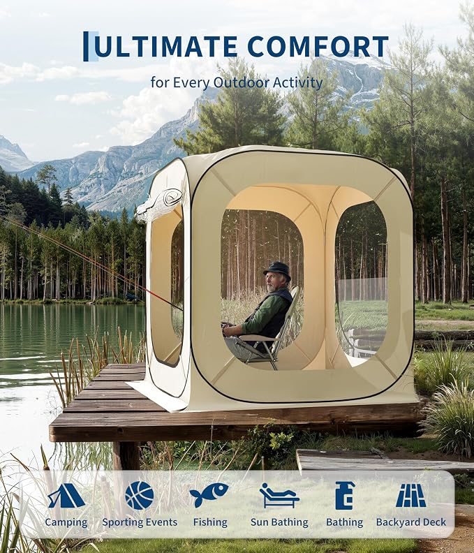 Garvee 6x6 Ft Outdoor All Weather Pop Up Tent, 2-3 Person Instant Tent Shelter, Rainproof Camping Sun Shelter Coldproof & Windproof for Patio, Backyard, Deck, Sports Events, Beige