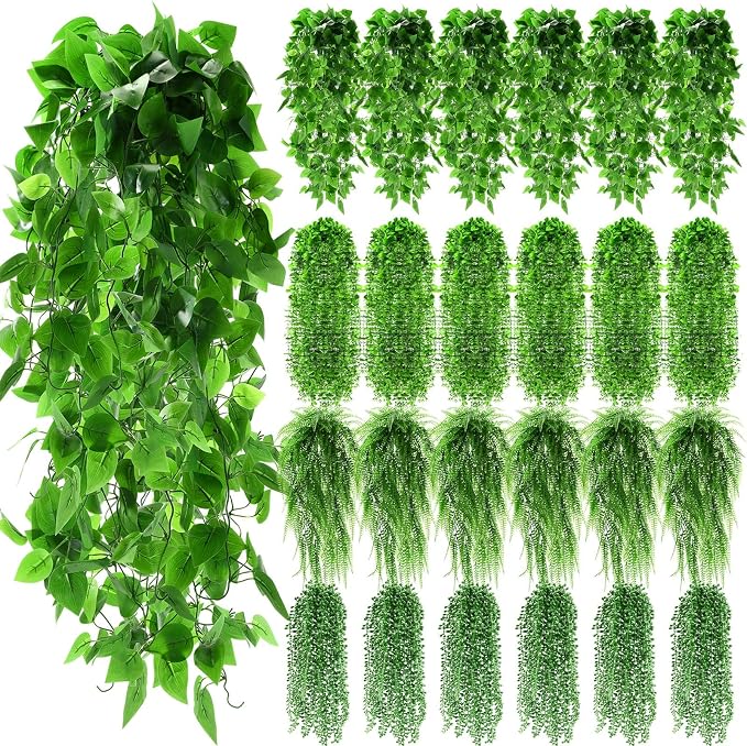 Daifunli 24 Pcs Artificial Hanging Plants Fake Hanging Ferns Plastic Faux Plants for Wall Room Garden Garland Indoor Outdoor Decor No Basket (Boston,Eucalyptus,Ivy Vine,String of Pearls)