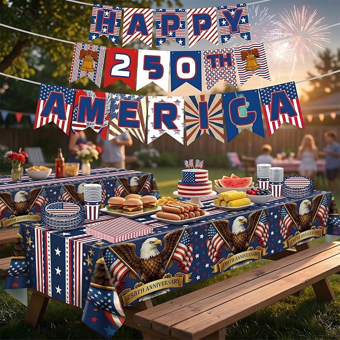 140 Pack 250th Anniversary Decorations- Serve 24 - Patriotic Plates Tablecloth Napkins Cups Banner | 4th of July Accessories for 250th Anniversary Merchandise Home Indoor Outdoor