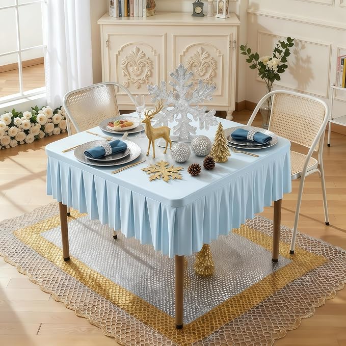 Wish Care Blue Spandex Tablecloths for 34x34 Inch Square Tables, Stretch Fitted Table Clothes with Pleated Ruffle Skirt for 34” Table, Wrinkle Free and Elastic, for Party Kitchen Home Dining