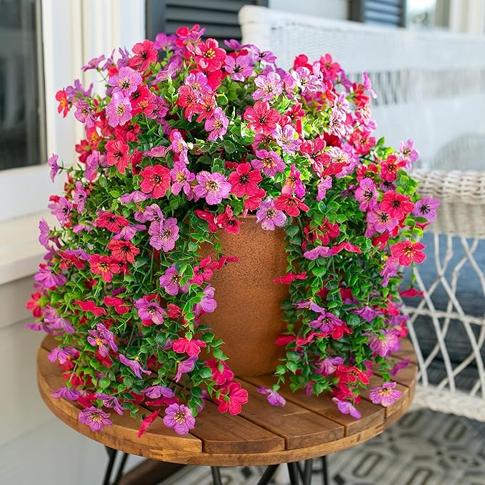 HyeFlora 2Pcs Artificial Flowers for Outdoors, Summer Fake Hanging Floral Decoration, Purple and Hotpink Lifelike Plants, UV & Fading Resistant Silk Flower for Enterwa Patio Balcony Front Yard