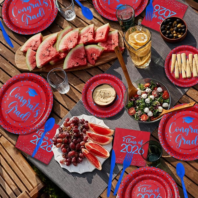 350pcs Class of 2026 Graduation Plates and Napkins Set, Disposable Paper Plate Set Polka Dots Plates Napkins Cups Knife Fork Spoon for Graduation Party Decorations and Supplies,Serve 50 (Red Blue）