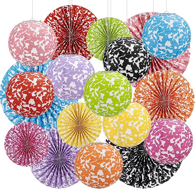 Wavwavw 18 Pcs Colorful Composition Paper Lanterns and Paper Fan Decorations Set, Composition Notebook Hanging Party Decorations Marble Garlands Bulletin Board Decor for Classroom Grad End of Year
