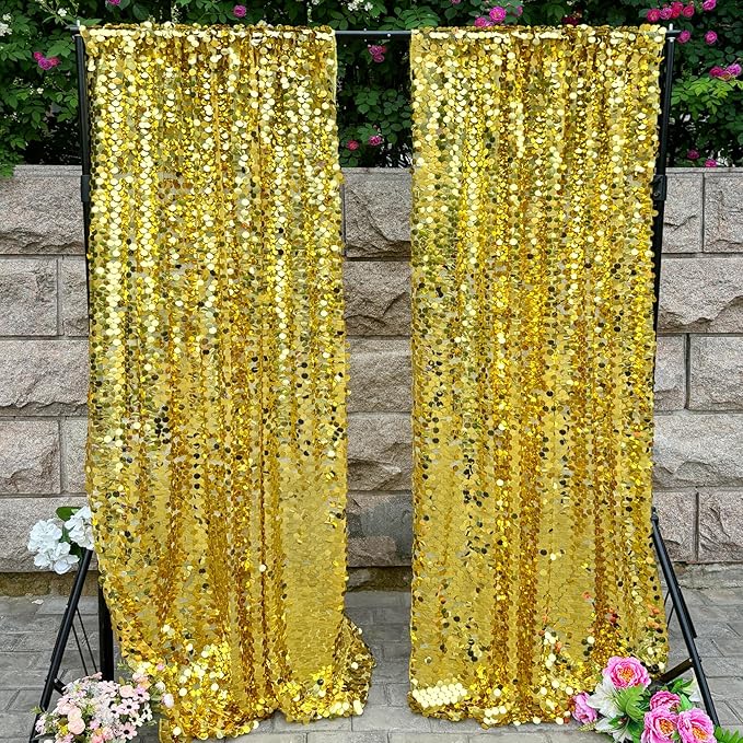 Gold Payette Sequin Backdrop, 4x10 Feet, 2 Panel Shimmer Large Sequin Backdrop Curtain for Decor, Parties, Home