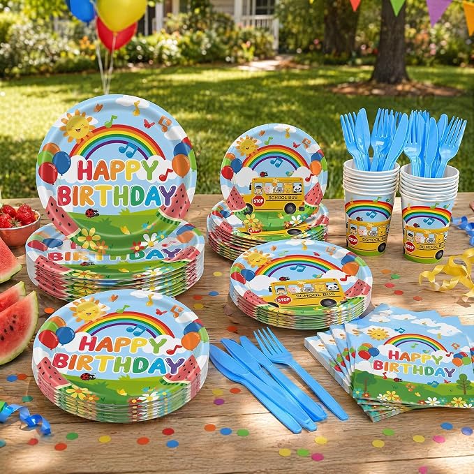 120PCS Cartoon Melon Birthday Party Supplies for Boys and Girls 1st 2rd Birthday Party School Bus Rainbow Watermelon Tableware Set Napkin Cups Forks Knives for 20 Guests