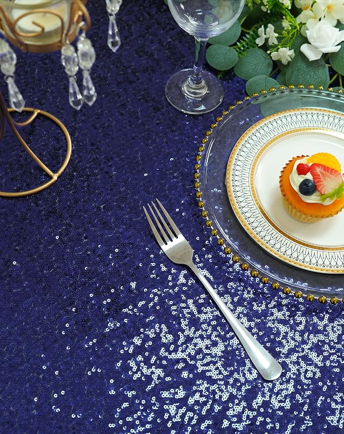 Eternal Beauty Navy Blue Tablecloth, 120 Inch Round Sequin Tablecloth for Party Cake Dessert Table Exhibition Events