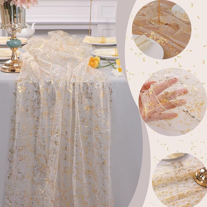Snowkingdom 2Pcs Gold Gauze Table Runners 10Ft Sheer Chiffon Cheesecloth Wedding Runner, Golden Sequin Glitter Metallic Foil Party Table Decorations Centerpieces for Birthday Thanksgiving Christmas