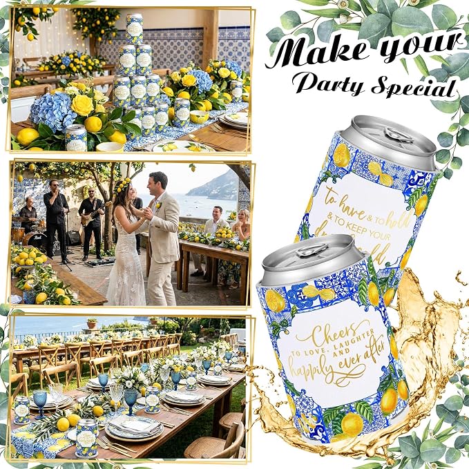 Qinyoung 50 Pieces Capri Lemon Wedding Can Cooler Bulk Amalfi Coast Decor Engagement Party Favors for Guests Cheers to Love Laughter and Happily Ever After Rehearsal Dinner Decorations for Wedding