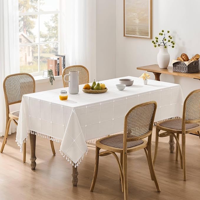 ZeeMart Boho Grid Table Cloth with Tassels (Off White, 52" x70"), Heavy Weight Linen Checked Embroidered Farmhouse Tablecloth, Water Resistant Rectangle Ivory Tablecloths