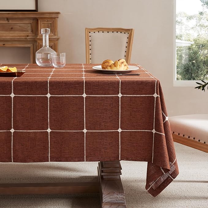ZeeMart Grid Embroidered Hemmed Tablecloths, Terracota 60x60 Inch, Farmhouse Style Heavy Weight Cotton Linen Rust Tablecloths, Boho Plaid Water Resistant Square Table Cloth