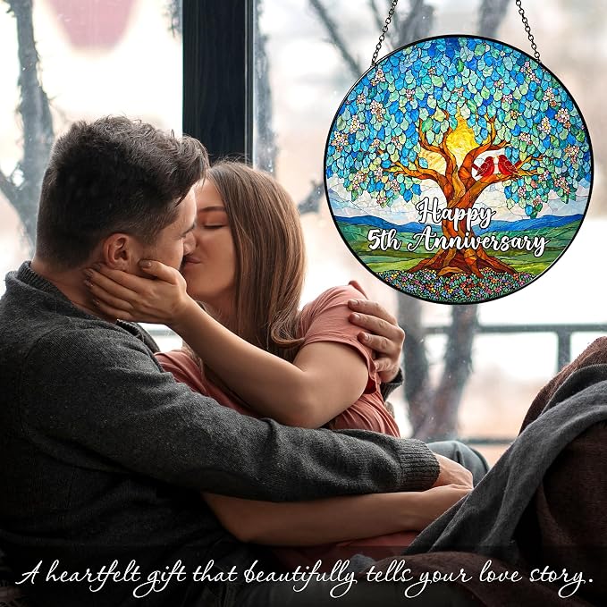 5th Wedding Anniversary Stained Glass Suncatcher, 6x6' Anniversary Decorations, 5th Celebration Marriage Gifts for Parents, Couple, Wife & Husband, 5 Wedding Milestone Keepsake