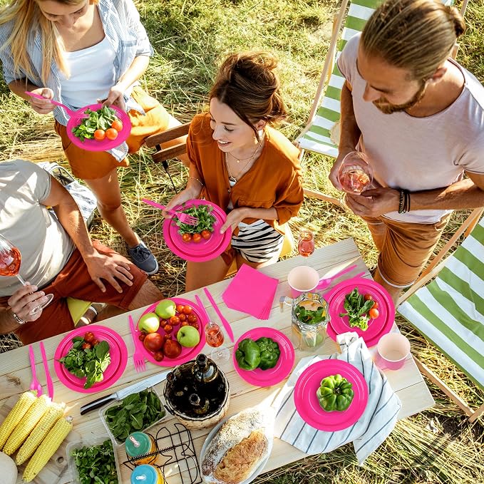 durony 350 Pieces Hot Pink Paper Dinnerware Set 7 Inch 9 Inch Disposable Dinner Plates Serve 50 Guests Paper Cup Cutlery Napkins Solid Color Party Supplies for Birthday Wedding Party Family Picnic