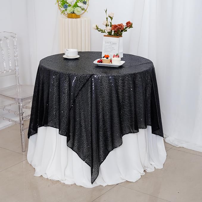 Poise3EHome Black Sequin Tablecloth 90×90 Inch Square Sequin Fabric Table Cover Overlay for Halloween Baby Shower Birthday Party Wedding Holiday Cake Table Decoration