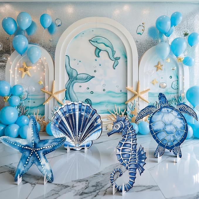 4 Pack Under The Sea Party Decorations Sea You Soon Decoration 20.47 Inch Large Birthday Party Cardboard Cutout Blue Turtle Seahorse Starfish Shell Stand-ups Ocean Theme Photo Booth Props