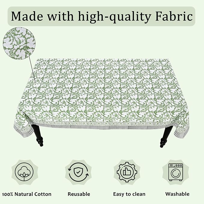 Ridhi Sage Green Hand Block Print Cotton Rectangle Tablecloth 190" x 72" inches Reusable Table Cover Decorative Everyday Use for Dining Room, Farmhouse, Home Gift for Spring, Mother's Day