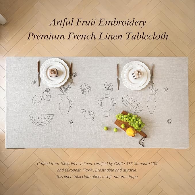 Linen World Embroidered Linen Tablecloth Large 70x157inch,100% French Linen Pre-Washed Table Cloth,Natural Flax Table Cover for Elegant Dining,Fruit Embroidery