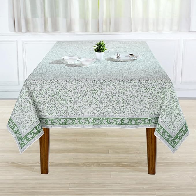 Ridhi Green Jal Hand Block Print Cotton Rectangle Tablecloth 160" x 72" inches Reusable Table Cover Decorative Everyday Use for Dining Room, Farmhouse, Home Gift for Spring, Mother's Day