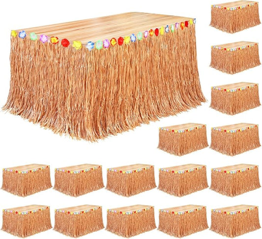 Fovths 16 Pack Luau Grass Table Skirt Natural 9 Feet x 29.5 Inch Hawaiian Table Skirt for Tropical Hawaiian Party Decorations Luau Party Costume, Reddish Golden Brown