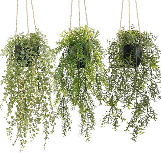 3 Packs 18.5" Fake Hanging Plants with Black Pots for Wall Decor | Artificial Mandala Vine, Indoor/Outdoor Use, for Home Bathroom Bedroom Office Decor, Easy to Clean, Lifelike Appearance