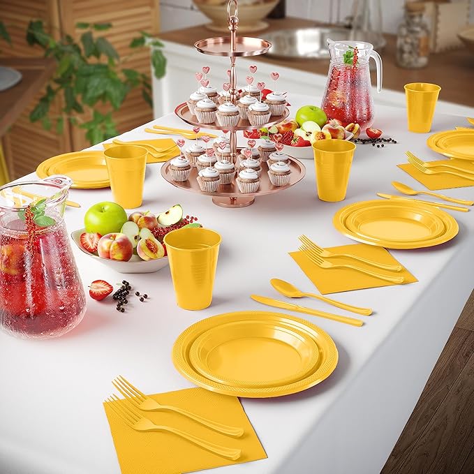 350 Pcs Yellow Plastic Plates For Party, Yellow Disposable Plates Set, 50 Of Each 9" Dinner Plate Set, 7" Dessert Plate, Cups, Napkins & Cutlery Plastic Dinnerware Set Exquisite
