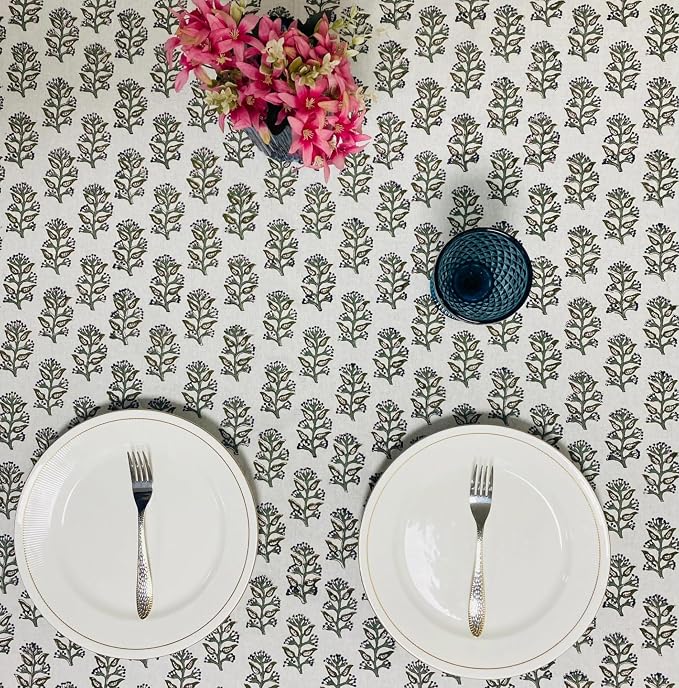 Ridhi Evergreen Grace Hand Block Print Cotton Rectangle Tablecloth 108" x 70" inches Reusable Table Cover Decorative Everyday Use for Dining Room, Farmhouse, Home Gift for Spring, Mother's Day