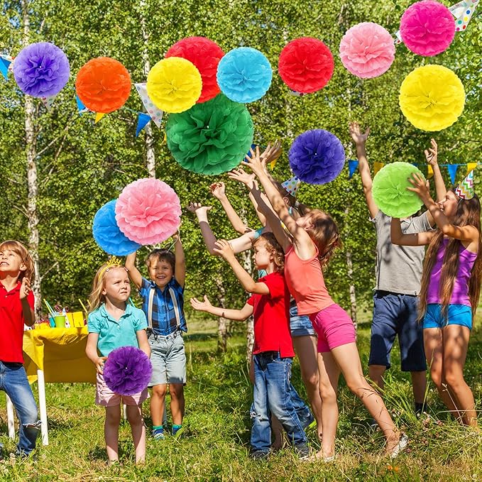 Yeaqee 30 Pcs Multicolor Large Tissue Paper Pom Poms Decorations 14''/ 12''/ 10'' Tissue Paper Flowers Large Hanging Rainbow Wall Decor for Fiesta Birthday Party Baby Shower Wedding Celebration