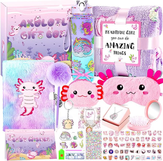 13PCS Axolotl Gifts for Girls 3 4 5 6 7 8 9 10 Years Old with Stationery Plush Diary with Lock/Glowing Blanket/Eye Mask/Crossbody Bag Teen Birthday Christmas Axolotl Gifts for Girls Kids