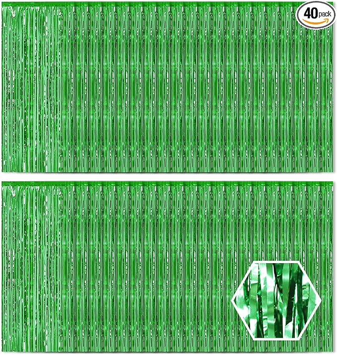 40 Pack Green Foil Curtain Backdrop Metallic Tinsel Foil Fringe Curtains Photo Booth Props for Birthday Party Decoration Christmas Holiday Halloween New Year Party Supply, Green