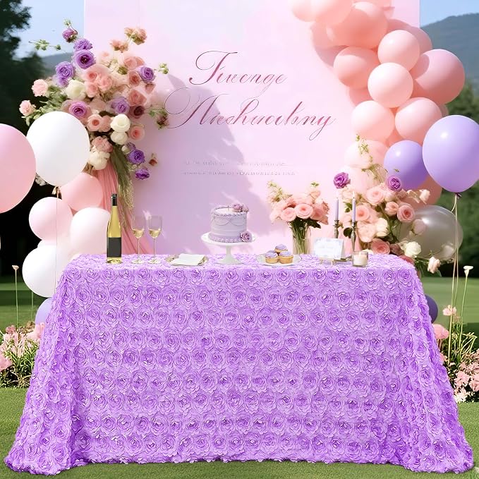 B-COOL Lavender Tablecloth 3D Floral Tablecloths Rosette Fabric 90x156 Inch Brithday Holiday Party Decorations Wedding Party Engagement Linens Cake Table Decoration