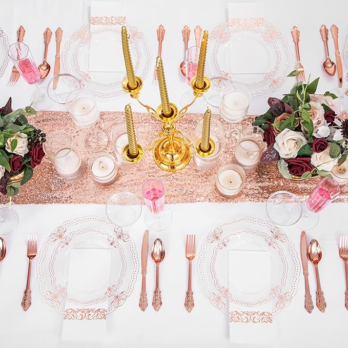 Ciaell 175 PCS Rose and Gold Plastic Plates - Fancy Rose Gold Disposable Dinnerware Set with of 50 Plates, 25 Knives, 25 Forks, 25 Spoons, 25 Cups, 25 Napkins for Wedding & Party & Mother's Day