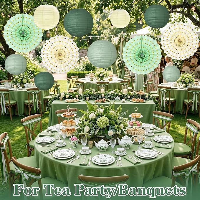 Sage Green Party Decorations Set with Hanging Paper Lanterns Fans for Bridal Baby Shower Wedding Women Girls 16th 21st Birthday Tea Party Supplies